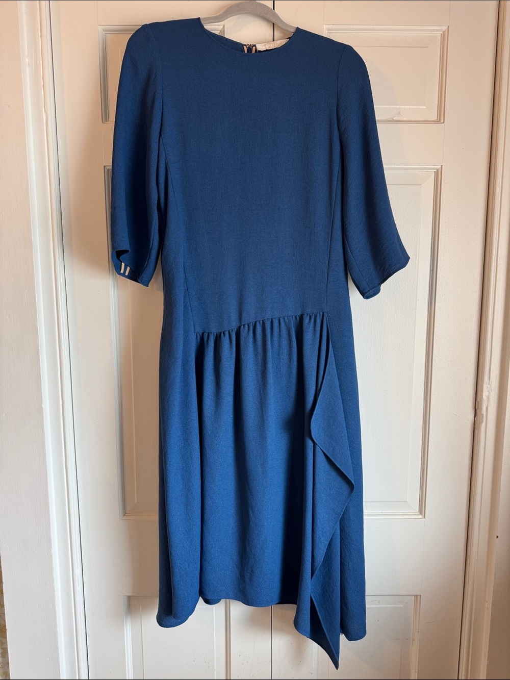 OMG! Chloe 100% Silk Crepe Ocean  Blue Midi Partial Wrap Dress Asymmetric Ruffle